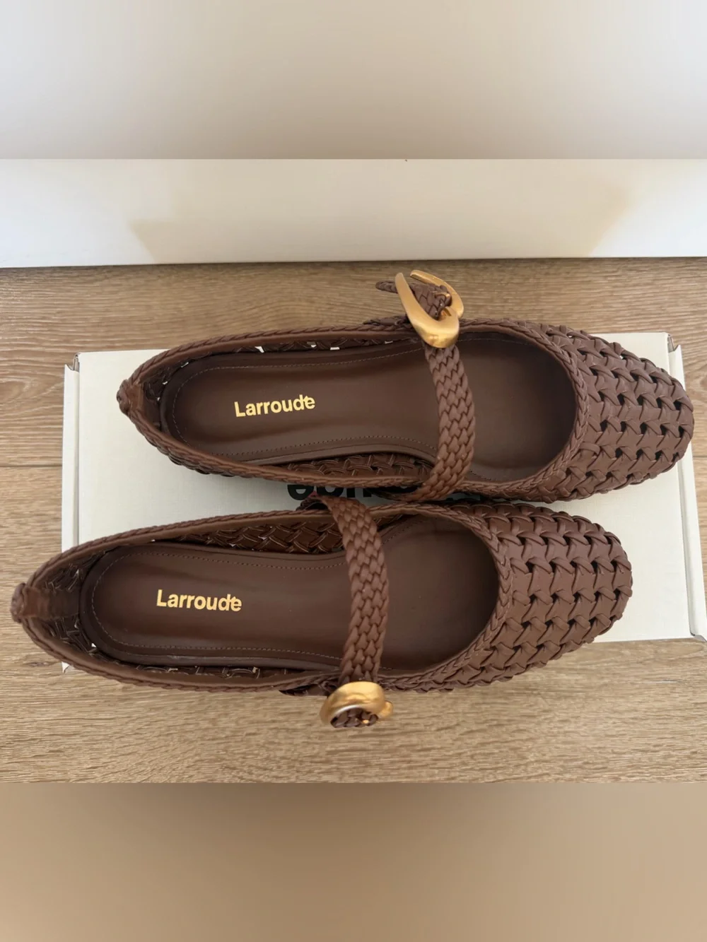 Larroude Brown Woven Mary Jane Flat with Gold Buckle - Picture 6 of 6